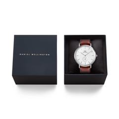 Classic Multi-Eye St Mawes Off-white Sunray Silver men’s watch with a brown leather strap, presented in an elegant black Daniel Wellington gift box.