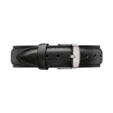 Refined Sheffield Strap Silver in black leather with a smooth finish, subtle stitching, and a polished silver buckle, designed to fit Daniel Wellington watches for a classic and versatile update.