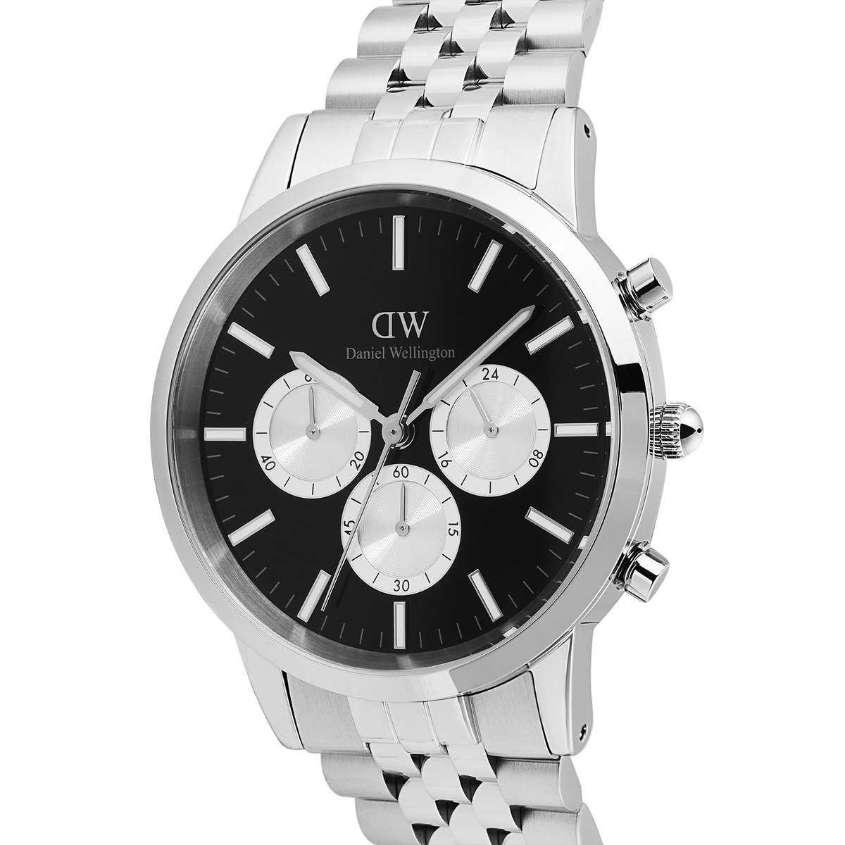 Close-up of the Daniel Wellington Iconic Chronograph Arch 5-Link Onyx Panda Silver watch, showcasing its black enamel dial with silver sub-dials, luminous indexes, and polished stainless steel 5-link bracelet.