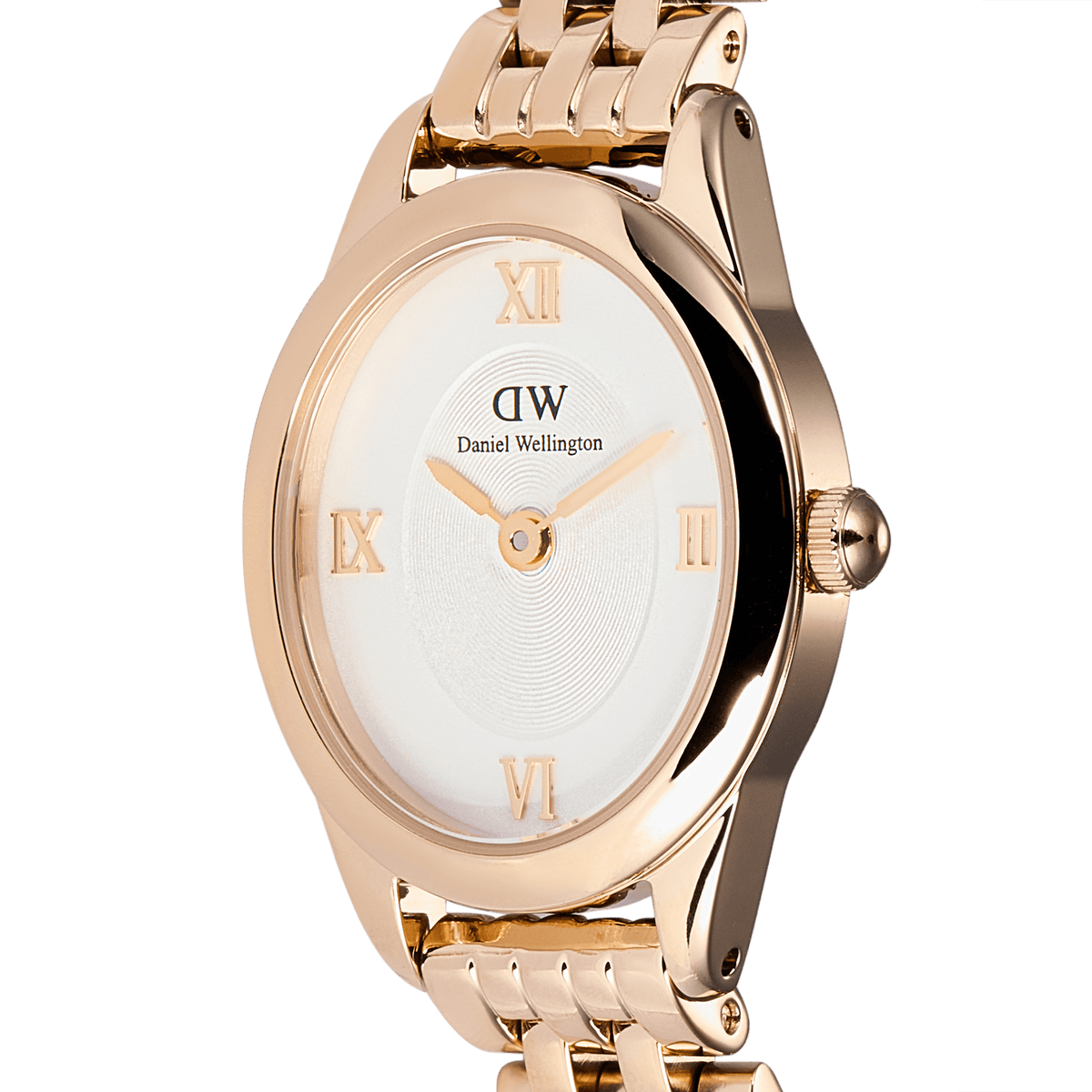 Close-up of the Ophelia Mini Rose Gold women’s watch, showcasing its oval rose gold case, white sunray dial with a central disc pattern, and raised Roman numeral hour markers.
