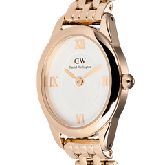 Close-up of the Ophelia Mini Rose Gold women’s watch, showcasing its oval rose gold case, white sunray dial with a central disc pattern, and raised Roman numeral hour markers.