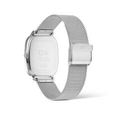 Rear view of the Daniel Wellington Marlon Sterling Linen watch, showing the engraved stainless steel case back, adjustable silver mesh strap, and secure clasp fastening.