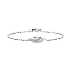Polished silver Elan Unity Bracelet by Daniel Wellington featuring two interlocking engraved rings on a fine stainless steel chain.