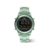Retro Digital Light Green watch featuring a transparent light green bio-based plastic strap and case, with a bold black digital dial displaying time, date, and chronograph functions.
