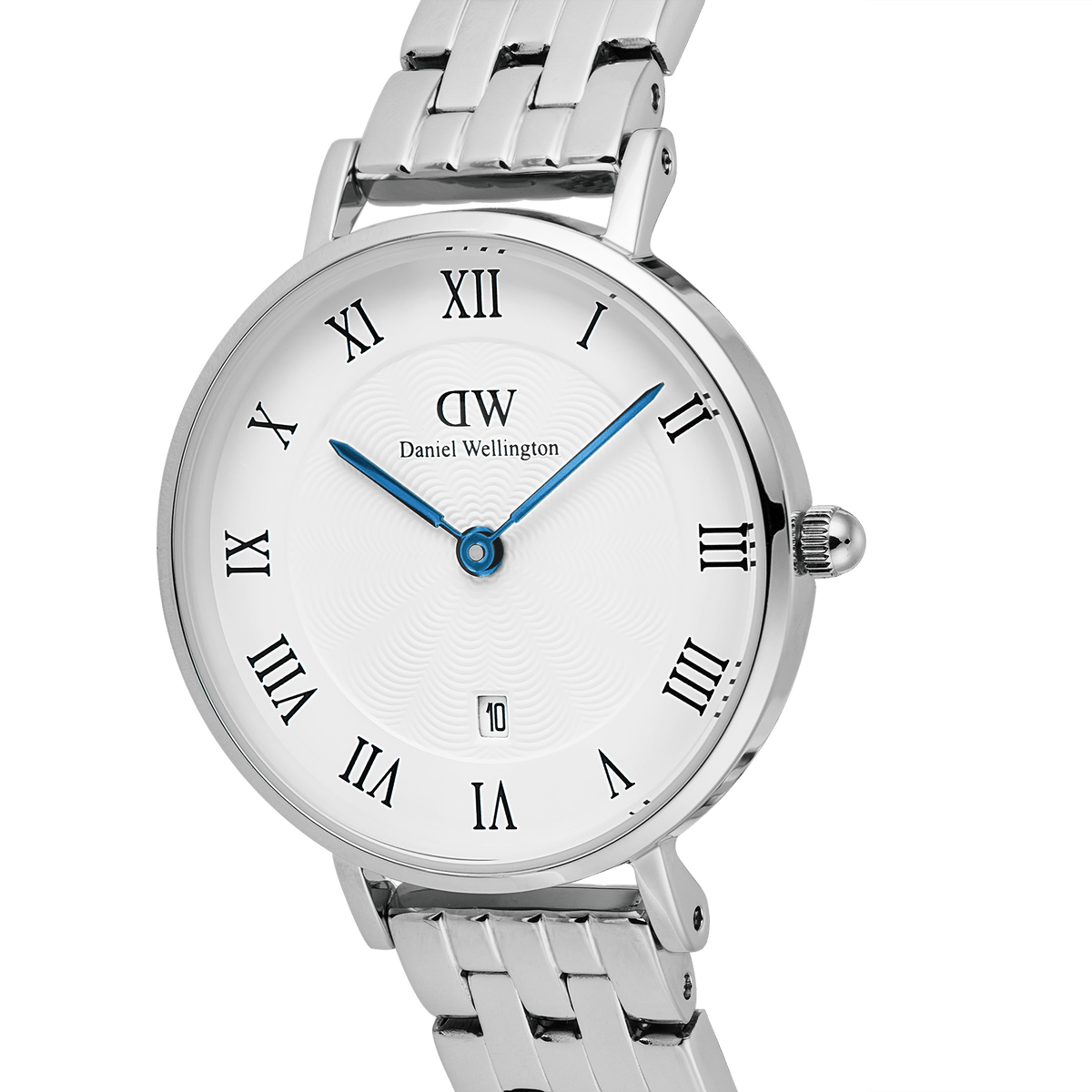 Close-up of the Daniel Wellington Petite Roman Numerals Date 5-link Silver watch, highlighting the polished stainless steel strap, white guilloché dial with black Roman numerals, blue hands, and date window at 6 o’clock.