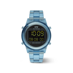 Retro Digital Light Blue watch with a transparent blue bio-based plastic case and strap, round black digital display, and distinctive link bracelet.