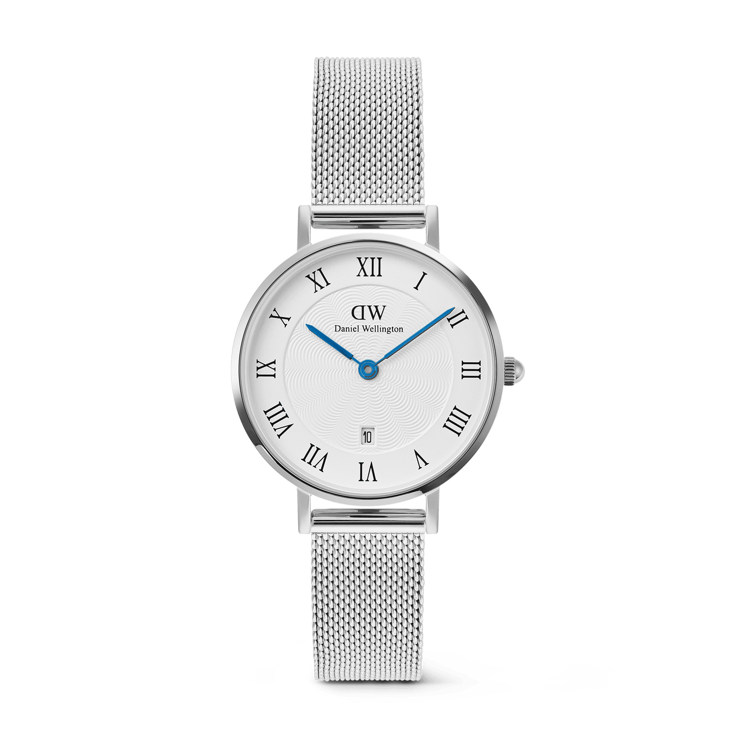 Elegant women’s silver mesh watch with a petite round white dial, bold Roman numerals, blue hands, guilloché inner pattern, and a date window at six o’clock. The polished stainless steel mesh strap and fold-over clasp complete its refined, timeless look.