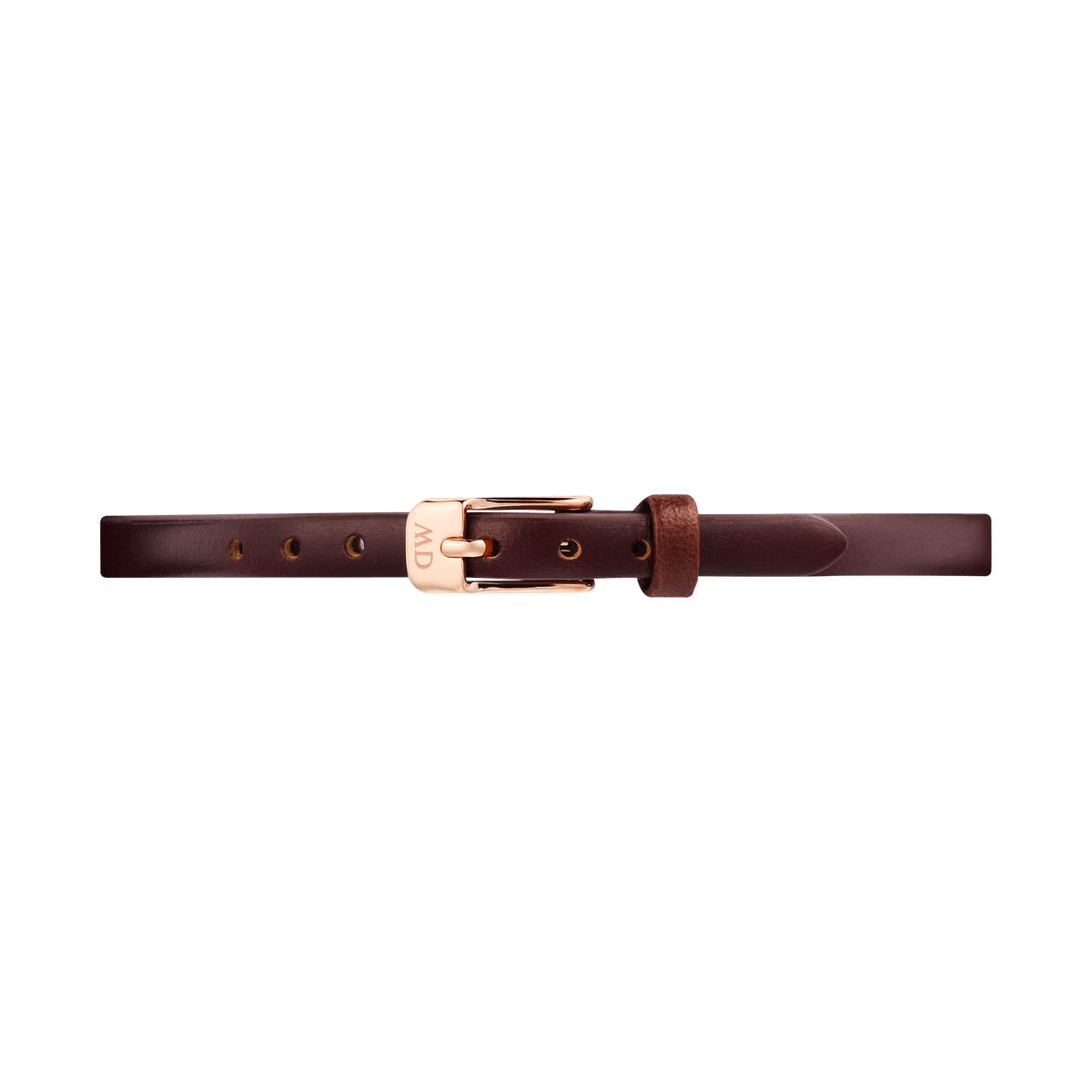 Slim brown genuine leather watch strap with a polished rose gold pin buckle, featuring Daniel Wellington branding and multiple adjustment holes for a secure, elegant fit.