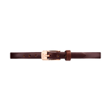 Slim brown genuine leather watch strap with a polished rose gold pin buckle, featuring Daniel Wellington branding and multiple adjustment holes for a secure, elegant fit.