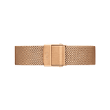 Rose gold mesh watch strap with a brushed stainless steel fold-over clasp, featuring an elegant woven design and adjustable fit.
