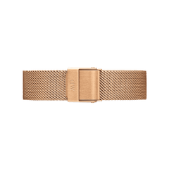 Rose gold mesh watch strap with a brushed stainless steel fold-over clasp, featuring an elegant woven design and adjustable fit.