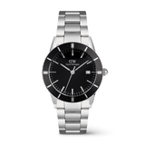 Daniel Wellington Iconic Paradigma Link Black Enamel men’s watch featuring a black dial, bold index bezel, date window, and a polished stainless steel bracelet with brushed and satin matte finishes.