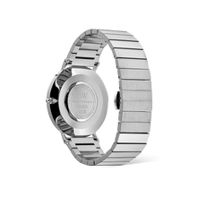 Rear view of the Classic Piano Link Arctic Silver watch showing the brushed stainless steel piano link strap and engraved case back.