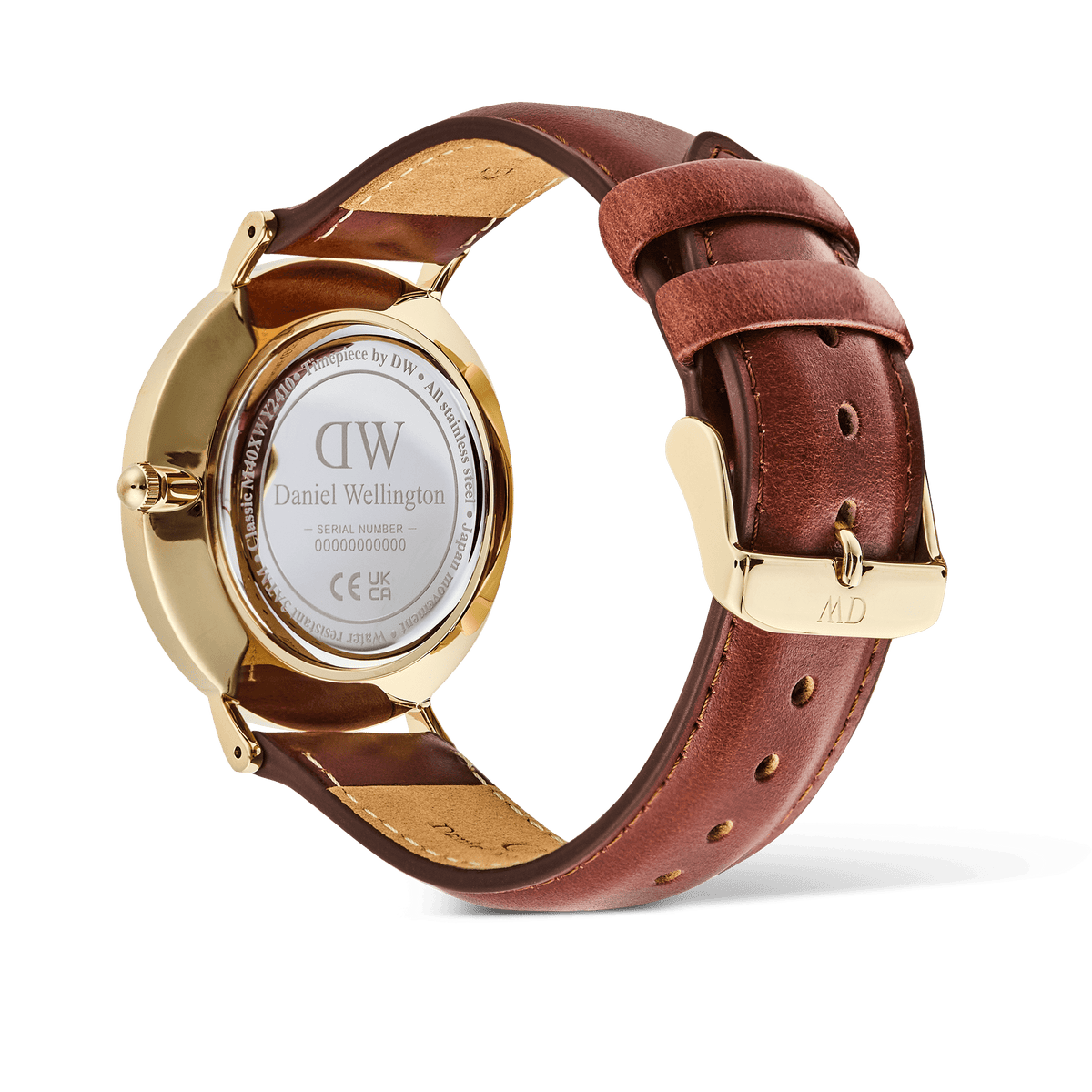 Rear view of the Classic Multi-Eye St Mawes Off-white Sunray Gold watch, highlighting the engraved stainless steel case back, gold pin buckle, and genuine brown leather strap.