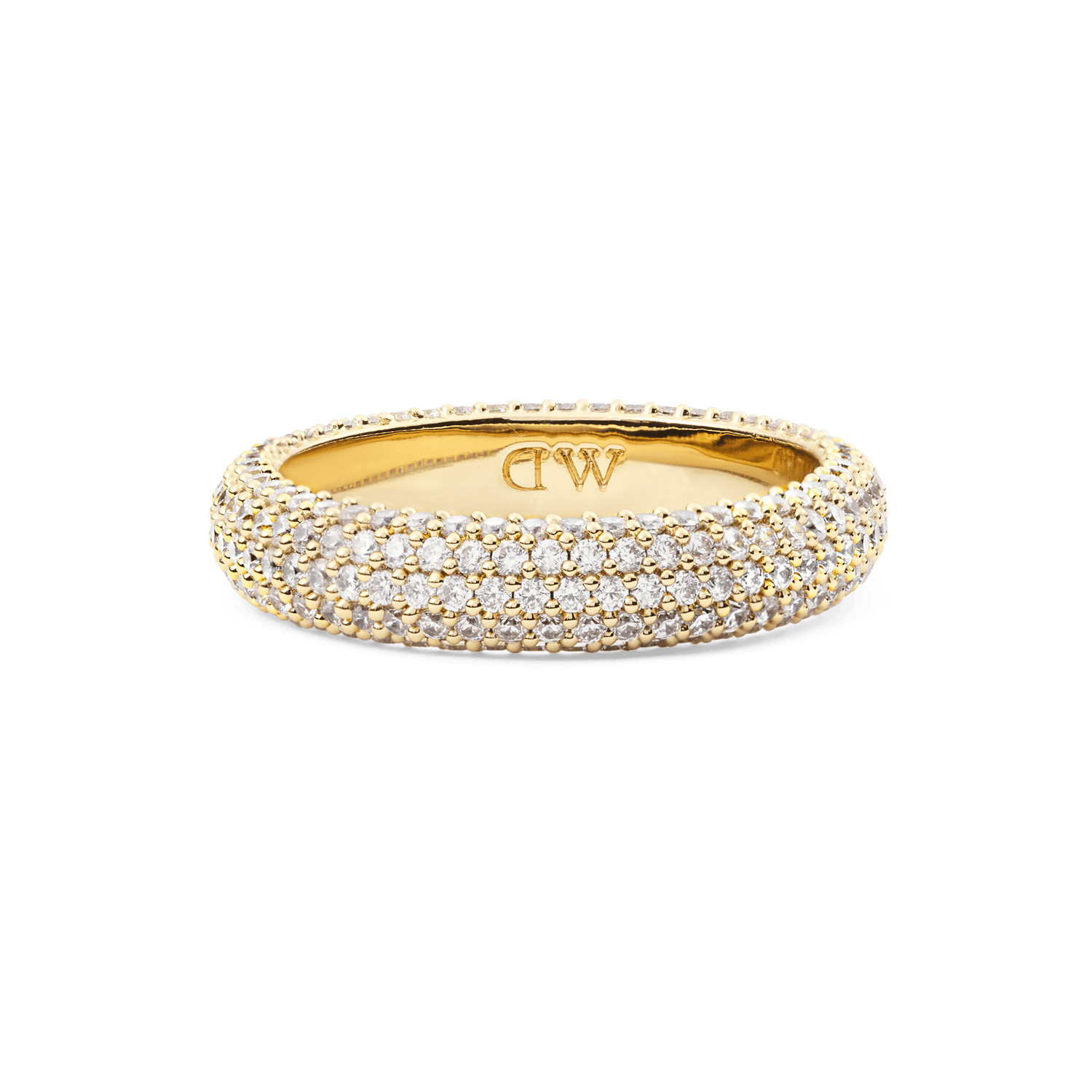 Pavé Ring Gold 5 mm featuring a gold-plated band set with rows of white cubic zirconia crystals and a polished interior engraved with the Daniel Wellington initials.