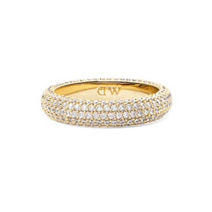 Pavé Ring Gold 5 mm featuring a gold-plated band set with rows of white cubic zirconia crystals and a polished interior engraved with the Daniel Wellington initials.