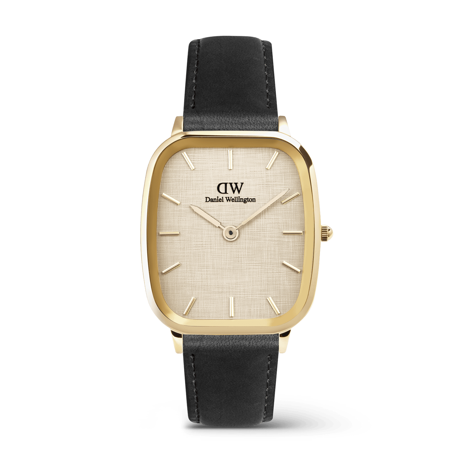 Daniel Wellington Marlon Sheffield Linen Gold watch featuring a cushion-shaped gold case, linen-textured dial, minimalist gold hour markers, and a sleek black leather strap.