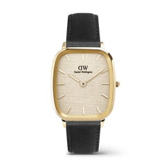 Daniel Wellington Marlon Sheffield Linen Gold watch featuring a cushion-shaped gold case, linen-textured dial, minimalist gold hour markers, and a sleek black leather strap.