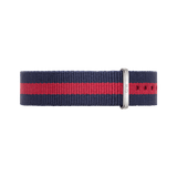 Oxford Strap Silver NATO watch strap in navy and red polyester with silver buckle, fits 40mm Daniel Wellington watches.