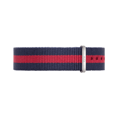 Oxford Strap Silver NATO watch strap in navy and red polyester with silver buckle, fits 40mm Daniel Wellington watches.