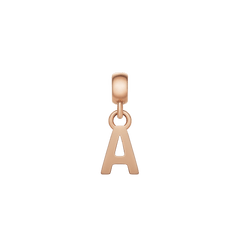 Rose gold letter A charm with a polished finish, crafted from stainless steel and designed to hang elegantly from a bracelet or necklace. The charm features a petite, minimalist silhouette with a smooth surface and a secure anti-slip silicone lining.