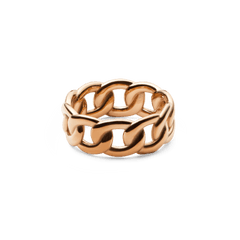 Polished rose gold chunky chain ring with interlocking, rounded links and a sculptural, contemporary design.