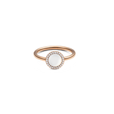 Rose gold ring with domed mother of pearl centrepiece, surrounded by sparkling cubic zirconia, elegant and timeless design.