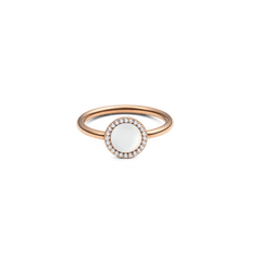 Rose gold ring with domed mother of pearl centrepiece, surrounded by sparkling cubic zirconia, elegant and timeless design.
