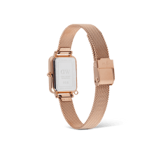 Rear view of the Quadro Crystal Zodiac Melrose watch showing its engraved stainless steel case back and adjustable rose gold mesh strap with clasp.