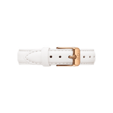 White leather watch strap with fine stitching and a rose gold buckle, designed for a refined and modern look. The strap features multiple adjustment holes and a smooth, comfortable finish, ideal for updating classic timepieces.