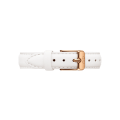 White leather watch strap with fine stitching and a rose gold buckle, designed for a refined and modern look. The strap features multiple adjustment holes and a smooth, comfortable finish, ideal for updating classic timepieces.