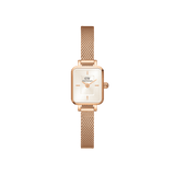 Quadro Mini Melrose Champagne women’s watch featuring a petite rectangular champagne sunray dial and an elegant rose gold mesh bracelet, crafted from stainless steel for a refined and timeless look.