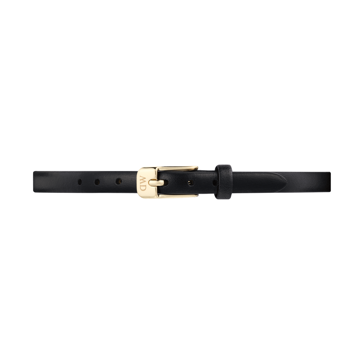 Slim black leather watch strap with a polished gold buckle engraved with the Daniel Wellington initials, featuring multiple adjustment holes and a sleek, minimalist design.