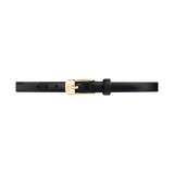 Slim black leather watch strap with a polished gold buckle engraved with the Daniel Wellington initials, featuring multiple adjustment holes and a sleek, minimalist design.