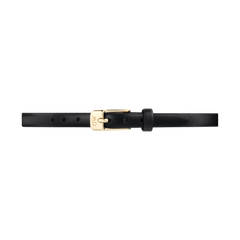 Slim black leather watch strap with a polished gold buckle engraved with the Daniel Wellington initials, featuring multiple adjustment holes and a sleek, minimalist design.