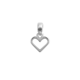 Sterling silver open heart charm pendant with a polished finish and minimalist design, featuring an adjustable clasp for bracelets or necklaces.