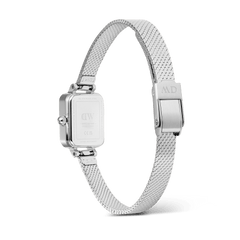 Quadro Mini Reflection Silver watch showing stainless steel case back and adjustable polished mesh strap with clasp buckle.