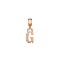Rose gold letter G charm with a smooth, polished finish and minimalist silhouette, crafted from stainless steel and designed to fit securely on bracelets or necklaces with its anti-slip silicone lining.