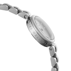 Side view of Elan Lumine Unitone Silver women’s watch with engraved case and polished stainless steel bracelet.
