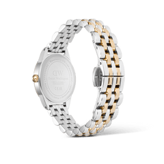 Back view of Daniel Wellington Ophelia Mini Two Tone Gold watch with gold-silver 5-link bracelet and butterfly clasp.