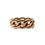 Chunky rose gold chain ring featuring interlocking, polished links with a sculptural, modern design and a smooth, reflective finish.