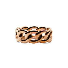 Chunky rose gold chain ring featuring interlocking, polished links with a sculptural, modern design and a smooth, reflective finish.