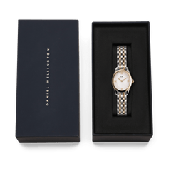 Daniel Wellington Ophelia Mini Two Tone Gold watch with gold-silver bracelet presented in signature gift box.