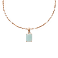 Amazonite Octagon Rose Gold Charm displayed on a delicate rose gold chain, featuring a faceted green-blue semi-precious stone in an elegant octagonal setting.