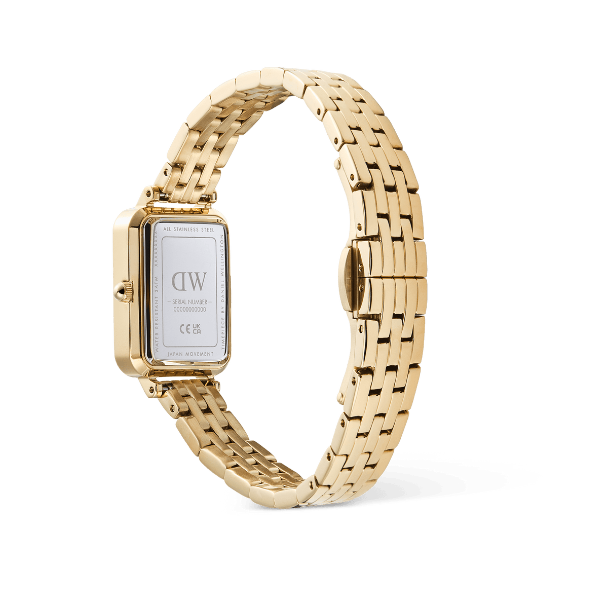 Rear view of the Daniel Wellington Quadro Roman Numerals Date 5-link Gold watch, showing the engraved stainless steel case back and polished gold 5-link bracelet with butterfly clasp.