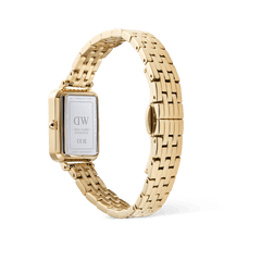 Rear view of the Daniel Wellington Quadro Roman Numerals Date 5-link Gold watch, showing the engraved stainless steel case back and polished gold 5-link bracelet with butterfly clasp.
