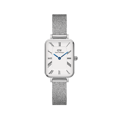 Rectangular silver women’s watch with white Roman numeral dial, blue hands, and a fine mesh stainless steel strap.