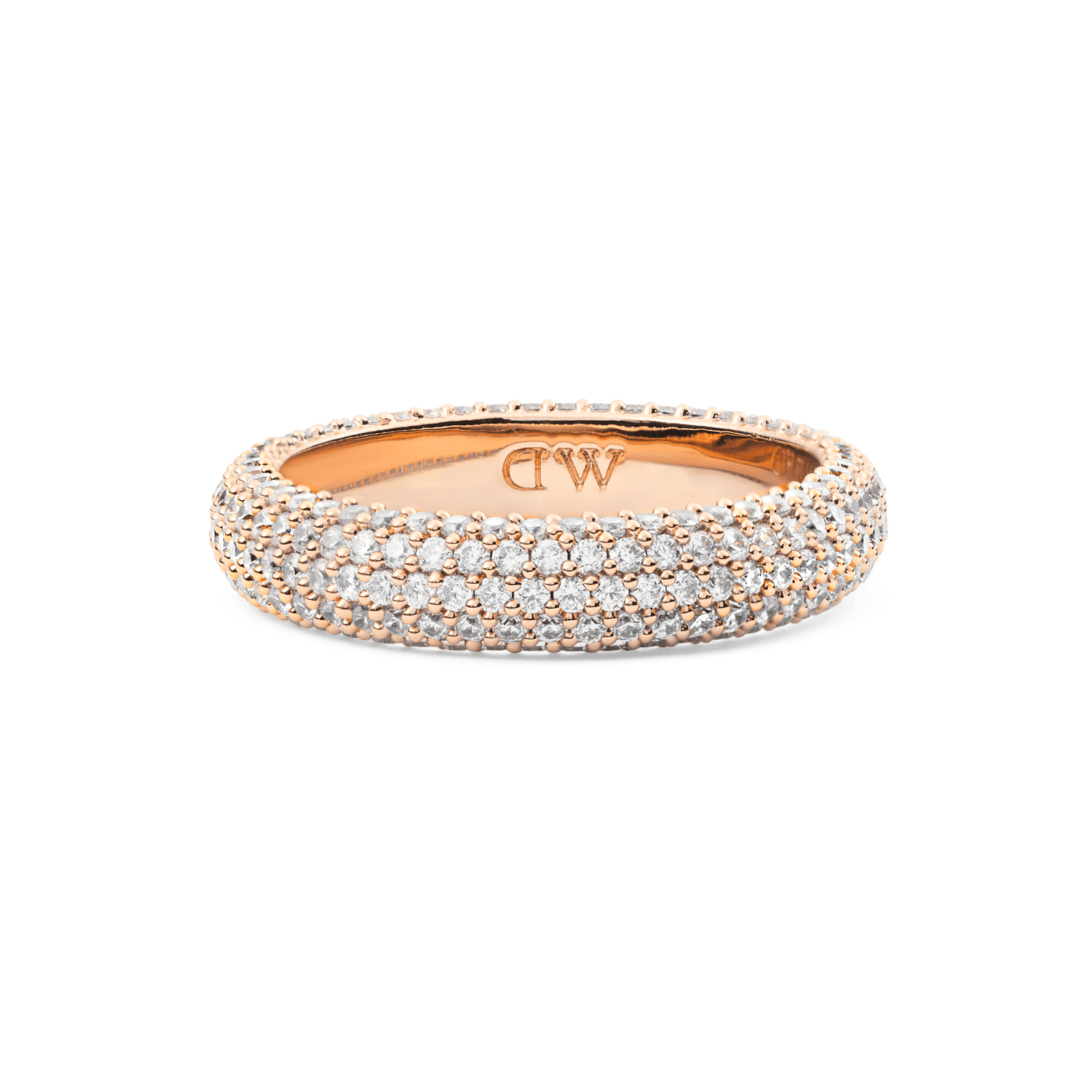 Pavé Ring Rose Gold 5 mm featuring a rose gold-plated band set with rows of sparkling white cubic zirconia crystals and subtle DW branding on the inside.