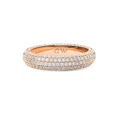 Pavé Ring Rose Gold 5 mm featuring a rose gold-plated band set with rows of sparkling white cubic zirconia crystals and subtle DW branding on the inside.
