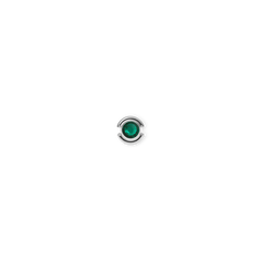 Sterling silver May charm featuring a vivid emerald green crystal set in a polished circular surround.